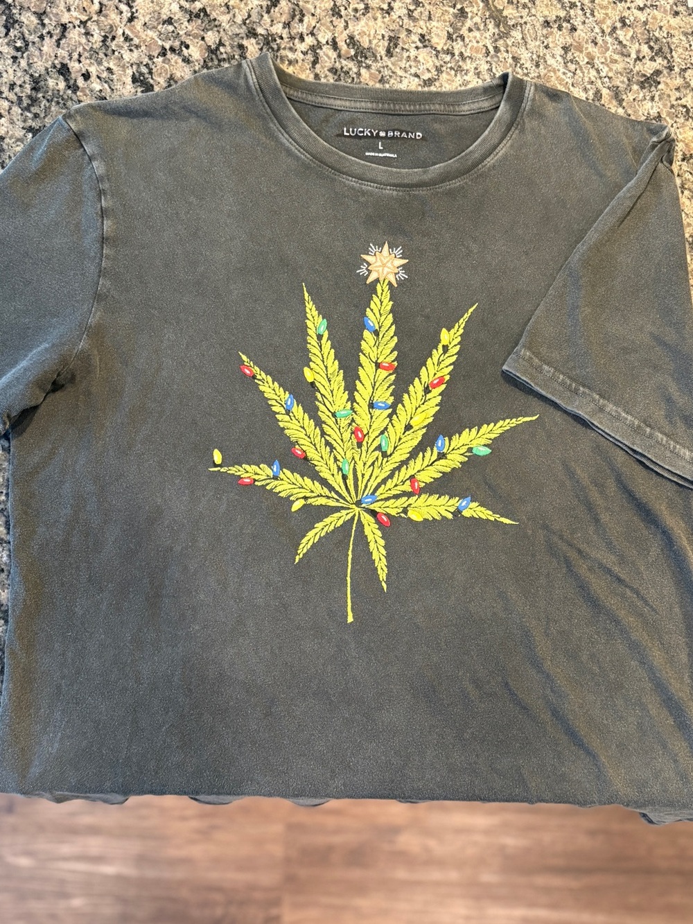 Lucky Brand Christmas black acid wash Tee with green Leaf Graphic